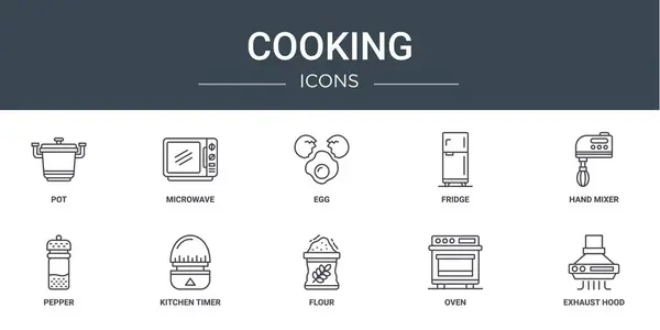 Σύνολο Περίγραμμα Web Μαγειρέματος Εικονίδια Όπως Κατσαρόλα Φούρνο Μικροκυμάτων Αυγό — Διανυσματικό Αρχείο