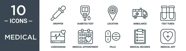 Ιατρικό Περίγραμμα Εικονίδιο Σύνολο Περιλαμβάνει Λεπτή Γραμμή Σταγονόμετρο Δοκιμασία Διαβήτη — Διανυσματικό Αρχείο