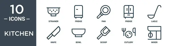 キッチンアウトラインアイコンセットには 薄いラインストレーナー 冷蔵庫 冷蔵庫 ナイフ レポート プレゼンテーション Webデザインのボウルアイコンが含まれています — ストックベクタ