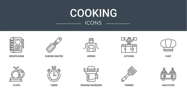 Σύνολο Περίγραμμα Web Εικόνες Μαγειρικής Όπως Βιβλίο Συνταγών Τρίφτης Τυριών — Διανυσματικό Αρχείο