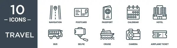 トラベルアウトラインアイコンセットには 薄いラインナビゲーション ポストカード パスポート カレンダー ホテル レポート プレゼンテーション Webデザインのセルフアイコンが含まれています — ストックベクタ