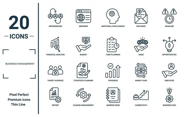 Business Management Linear Icon Set Inclui Dependências Linha Fina Análise —  Vetores de Stock