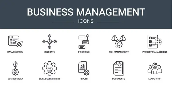 Set Outline Web Business Management Icons Data Security Delegate Prioritize — Stock Vector