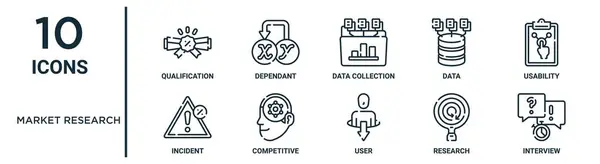 데이터 사용성 경쟁력 인터뷰 보고서 프레젠테이션 다이어그램 디자인 아이콘과 아이콘 — 스톡 벡터
