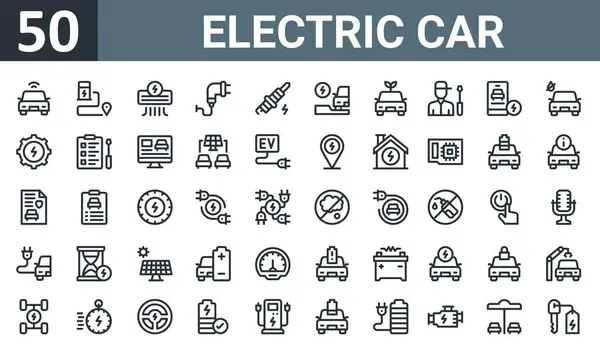 Set Outline Web Electric Car Icons Smart Car Charging Station — Stock Vector