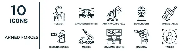 Σύνολο Εικονίδιο Περίγραμμα Των Ενόπλων Δυνάμεων Όπως Λεπτή Γραμμή Στρατιώτης — Διανυσματικό Αρχείο