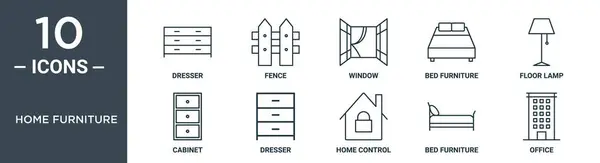 stock vector home furniture outline icon set includes thin line dresser, fence, window, bed furniture, floor lamp, cabinet, dresser icons for report, presentation, diagram, web design