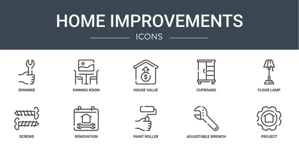 Set Outline Web Home Improvements Icons Spanner Dinning Room House — Stock Vector