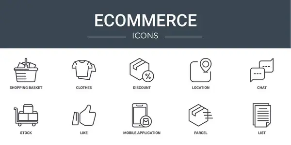 Σύνολο Περίγραμμα Web Ecommerce Εικονίδια Όπως Καλάθι Αγορών Ρούχα Έκπτωση — Διανυσματικό Αρχείο