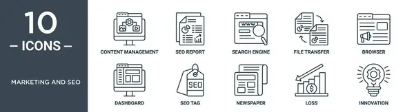 营销和Seo概要图标集包括细线内容管理 Seo报告 搜索引擎 文件传输 浏览器 仪表板 报告用Seo标记图标 网页设计 — 图库矢量图片