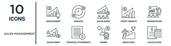Sales Management Outline Icon Set Thin Line Development Sales Agent — Stock Vector