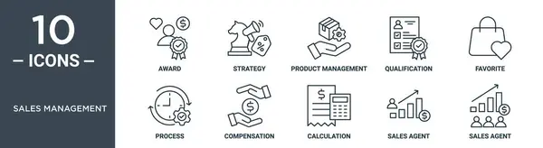 销售管理大纲图标集包括细线奖励 产品管理 报告补偿图标 网页设计 — 图库矢量图片