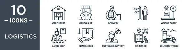 Ensemble Icônes Contour Logistique Comprend Entrepôt Ligne Mince Cargo Livraison — Image vectorielle
