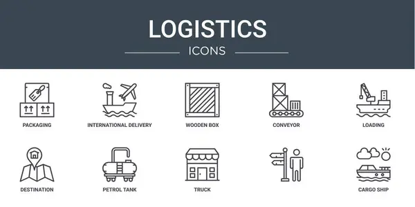 Σύνολο Περίγραμμα Web Logistics Εικονίδια Όπως Συσκευασία Διεθνή Παράδοση Ξύλινο — Διανυσματικό Αρχείο
