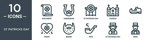 Patricks Day Outline Icon Set Includes Thin Line Document Horseshoe — Stock Vector