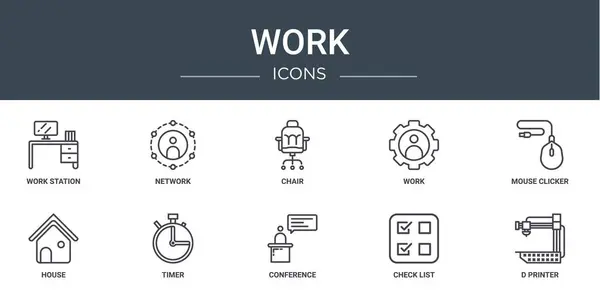Conjunto Iconos Trabajo Web Esquema Como Estación Trabajo Red Silla — Archivo Imágenes Vectoriales