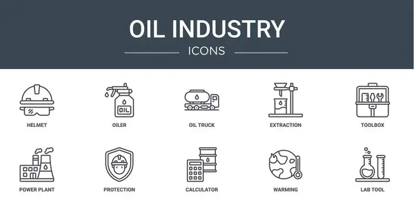 Başlık, yağ, petrol kamyonu, çıkartma, alet kutusu, elektrik santrali, rapor için koruma vektör simgeleri, sunum, diyagram, web tasarımı, mobil uygulama gibi 10 ana hatlı web yağ sanayi simgesi seti