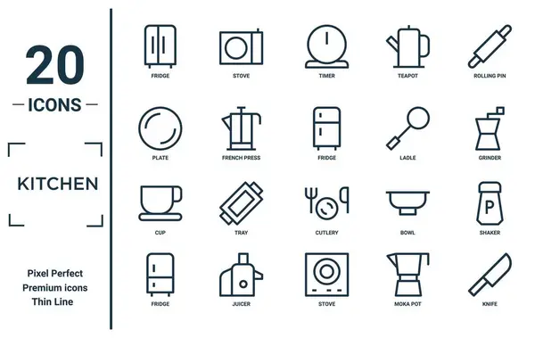Кухонний Лінійний Набір Іконок Включає Себе Тонкий Лінійний Холодильник Тарілку — стоковий вектор