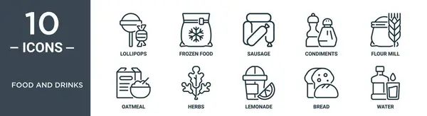 Набір Іконок Їжі Напоїв Включає Тонку Лінію Льодяників Заморожену Їжу — стоковий вектор