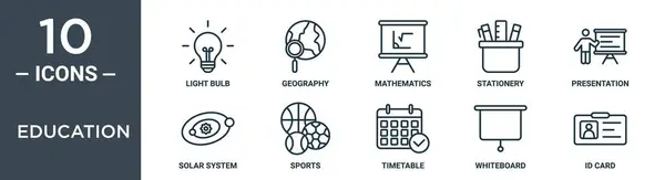 教育大纲图标集包括细线灯泡 太阳系 用于报告 网页设计的体育图标 — 图库矢量图片