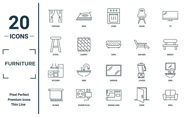 Меблі Лінійний Набір Іконок Включає Тонку Лінію Завіси Табуретки Кухні — стоковий вектор