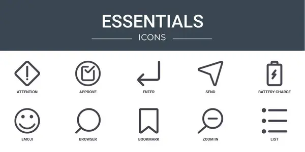 Conjunto Iconos Esenciales Web Esquema Como Atención Aprobar Entrar Enviar — Archivo Imágenes Vectoriales