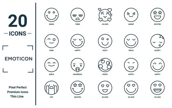 emoticon doğrusal simge seti. İnce çizgi gülümseme, göz kırpma, gülümseme, ağlama, aşk, baş dönmesi, rapor için mutlu simgeler sunum, diyagram, web tasarımı