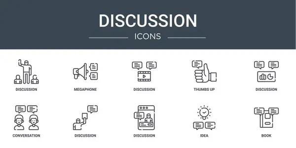 Set Icone Discussione Web Contorno Come Discussione Megafono Discussione Pollice — Vettoriale Stock