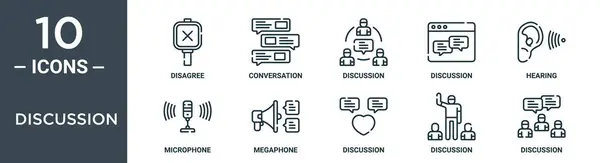 Conjunto Iconos Esquema Discusión Incluye Discordancia Línea Delgada Conversación Discusión — Archivo Imágenes Vectoriales