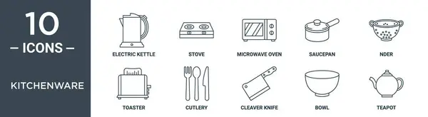 Набір Іконок Кухонного Посуду Включає Тонку Лінію Електричного Чайника Плиту — стоковий вектор