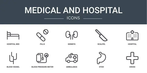 Σύνολο Περίγραμμα Web Ιατρικά Και Νοσοκομειακά Εικονίδια Όπως Κρεβάτι Νοσοκομείου — Διανυσματικό Αρχείο
