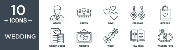 Набір Іконок Весілля Включає Тонку Лінію Нареченого Корону Любов Сережки — стоковий вектор