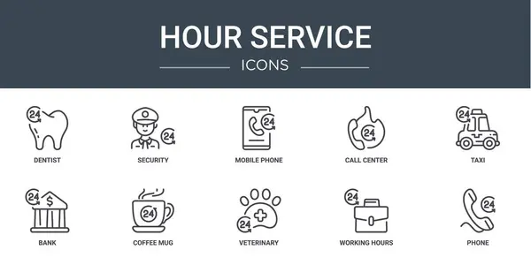 Conjunto Iconos Servicio Hora Web Esquema Como Dentista Seguridad Teléfono — Archivo Imágenes Vectoriales