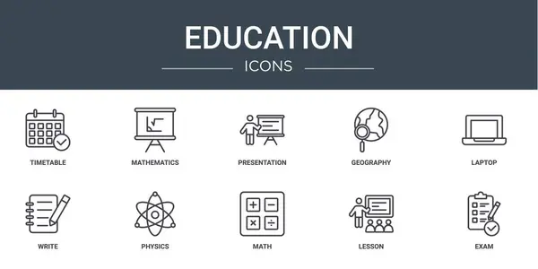 Conjunto Iconos Educación Web Esquema Tales Como Calendario Matemáticas Presentación — Archivo Imágenes Vectoriales