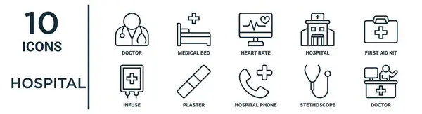 Νοσοκομείο Σύνολο Εικονίδιο Περίγραμμα Όπως Λεπτή Γραμμή Γιατρός Καρδιακός Ρυθμός — Διανυσματικό Αρχείο