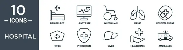 病院の概要のアイコン セットは薄いラインの医学のベッド 心拍数 車椅子 病院の電話 看護婦 レポート プレゼンテーション ウェブ設計のための保護アイコンを含んでいます — ストックベクタ
