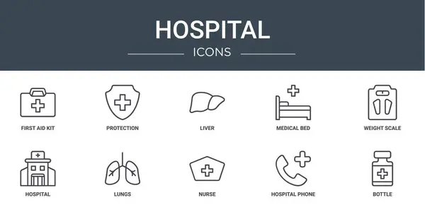 Σύνολο Εικονίδια Περίγραμμα Web Νοσοκομείο Όπως Κουτί Πρώτων Βοηθειών Προστασία — Διανυσματικό Αρχείο