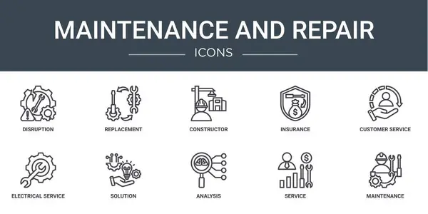 Set Outline Web Maintenance Repair Icons Disruption Replacement Constructor Insurance — Stock Vector
