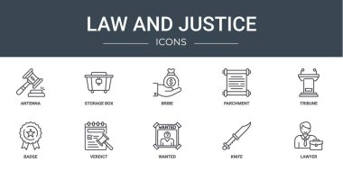 10 ana hatlı web hukuku ve anten, depolama kutusu, rüşvet, parşömen, tribün, rozet, rapor için karar vektör simgeleri, sunum, diyagram, web tasarımı, mobil uygulama gibi adalet simgeleri