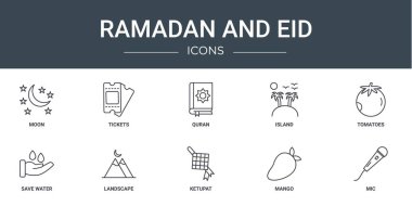 Ayın, biletlerin, Kuran 'ın, adanın, domateslerin, kaydedilen suyun, rapor için manzara vektör simgelerinin sunumu, diyagramı, web tasarımı, mobil uygulama gibi 10 ana hatlı web rahata ve bayram simgelerinden oluşan bir set.