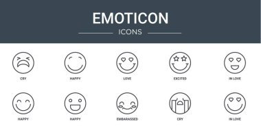 Rapor, sunum, diyagram, web tasarımı, mobil uygulama gibi ağlama, mutluluk, sevgi, heyecan gibi 10 ana hatlı web simgesi seti