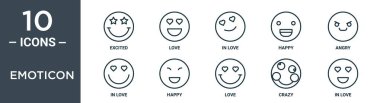 Simge özeti seti ince çizgi halinde heyecanlı, aşk, aşık, mutlu, kızgın, aşık, rapor için mutlu ikonlar, sunum, diyagram, web tasarımı içerir