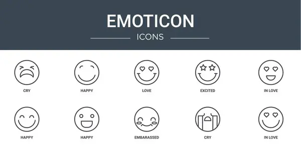 stock vector set of 10 outline web emoticon icons such as cry, happy, love, excited, in love, happy, happy vector icons for report, presentation, diagram, web design, mobile app