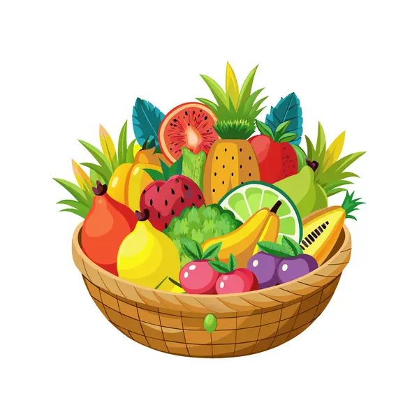 Cesta Cheia Frutas Legumes Frescos Design Ilustração Vetorial — Vetor de Stock
