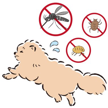 Bir köpek ve zararlı böceklerin el çizimi. Kaba ve şık bir izlenim. Vektör illüstrasyonu.