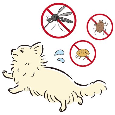 Bir köpek ve zararlı böceklerin el çizimi. Kaba ve şık bir izlenim. Vektör illüstrasyonu.