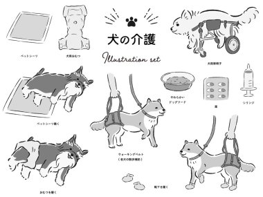 Gevşek ve şirin bir köpeğin ve eşyaların el çizimi. Kaba ve şık bir izlenim. Vektör illüstrasyonu.