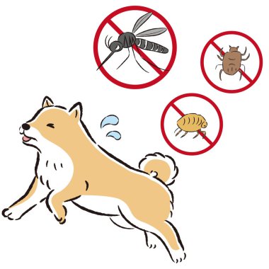 Bir köpek ve zararlı böceklerin el çizimi. Kaba ve şık bir izlenim. Vektör illüstrasyonu.