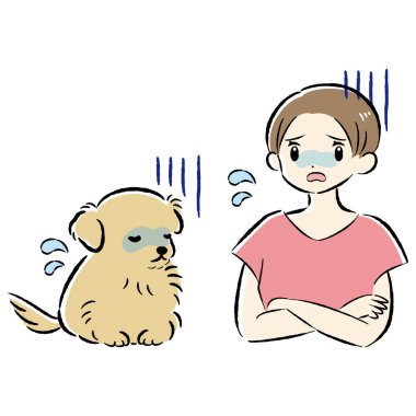 Bir köpek ve bir insanın el çizimi, rahat ve sevimli bir tasviri. Kaba ve şık bir izlenim. Vektör illüstrasyonu.