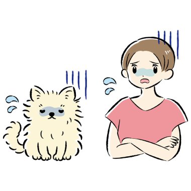 Bir köpek ve bir insanın el çizimi, rahat ve sevimli bir tasviri. Kaba ve şık bir izlenim. Vektör illüstrasyonu.